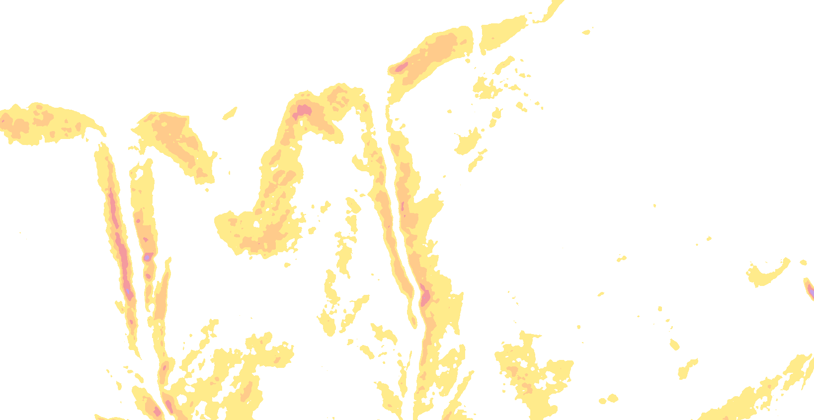 Slope-angle shading: yellow 30–35°, orange 35–40°, red 40–45°, purple 45° and steeper